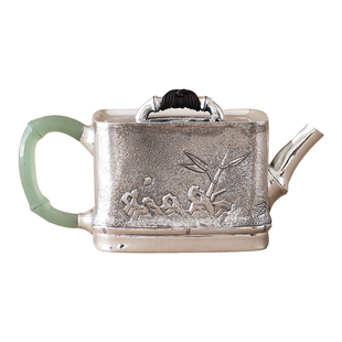 纯银时代 杨松柱制四方竹石银壶泡茶壶手工纯银999非遗錾刻100ml