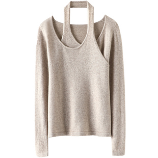 大家都爱~时尚通鉴!挂脖圆领山羊绒衫女纯羊绒毛衣针织衫露锁骨