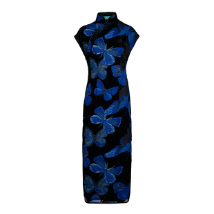 蓝蝴蝶*三重门夏季新中式复古烂花绒民国风旗袍2025新款高端端庄