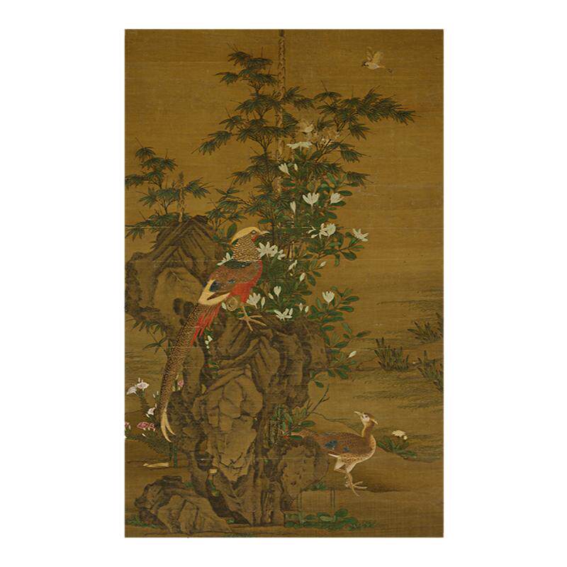 元王渊 花竹锦鸡图 古代名家工笔花鸟国画立轴高清微喷复制装饰画