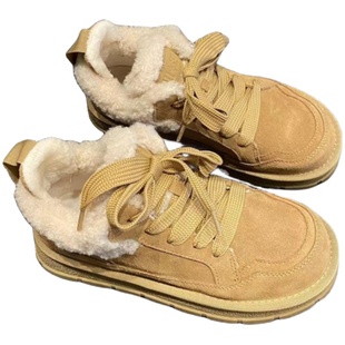 厚底毛毛雪地靴女2025新款冬季加绒真皮羊毛系带休闲保暖棉鞋板鞋