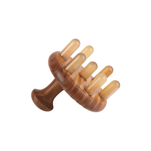 绿檀木七星按摩梳头疗刮痧头皮经络按摩器牛羊角圆齿梳可定制logo