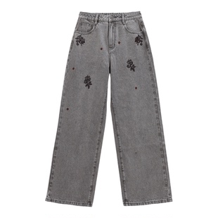 芭依璐2026春装新款牛仔裤直筒裤高腰显瘦小众百搭烫钻图案裤子女