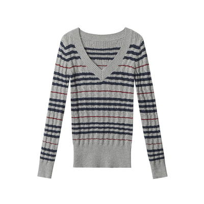 AIRHOOD 2025秋冬美式复古条纹V领针织衫毛衣女修身内搭打底上衣