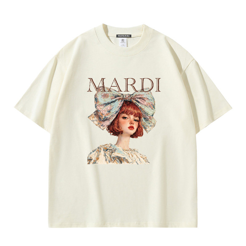 MardiMeditation短袖T恤女夏季复古油画少女印花米白色宽松百搭圆