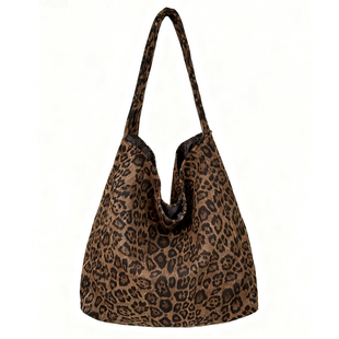 麂皮绒秋冬复古豹纹单肩包包女 韩系ins风休闲帆布包大容量托特包