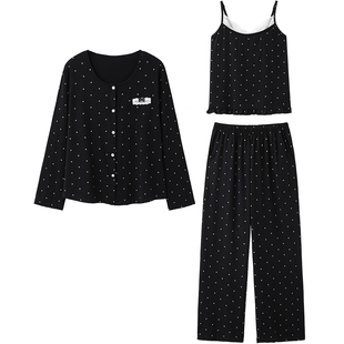 思莉太太莫代尔睡衣女款春夏季黑色波点小个子纯欲风三件套家居服