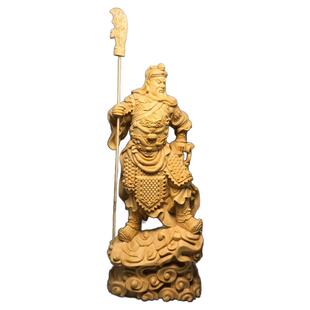 崖柏黄杨木雕立刀跨步关公关二爷实木摆件家居客厅车载装饰工艺品