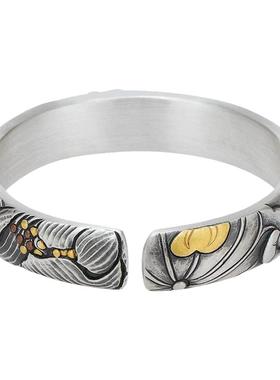 荷花镶金开口送妈妈款纯银手环