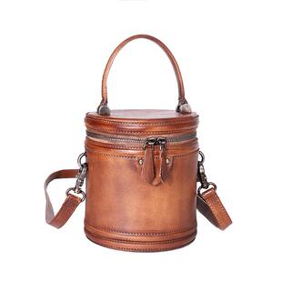 法缇斯真皮圆桶包文艺水桶包女复古手工个性气质牛皮单肩斜挎小包