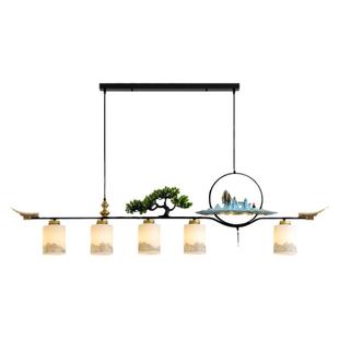 新中式餐吊灯直杆中国风禅意茶台灯迎客松书房书桌茶室长条灯多头