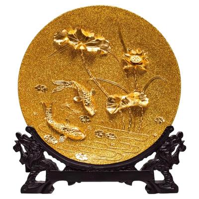 威弗列德年年有余金盘金箔漆线雕工艺品摆件客厅玄关装饰乔迁礼品