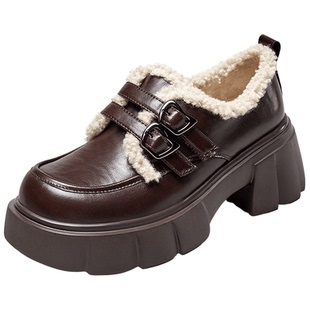 意尔康女鞋2025冬季加绒粗跟厚底乐福鞋女士休闲通勤小皮鞋小个子