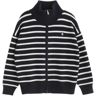 诺诺公主S1N初中生条纹毛衣外套女春秋韩系休闲立领百搭针织开衫