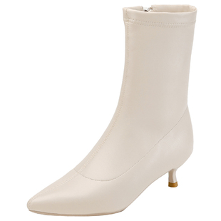 米白色秋冬新款细跟小跟低跟高跟鞋3cm短靴女尖头配裙子不累脚