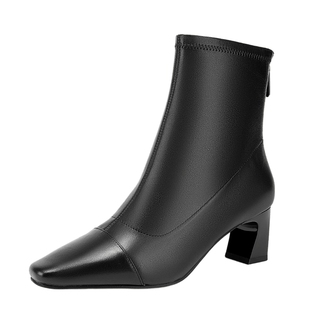 千百度时尚弹力靴高跟靴百搭气质秋冬粗跟时装靴羊皮小短靴女鞋