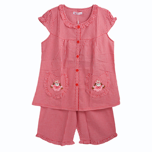 艾贝芬21夏新格子大码开衫无袖背心短裤薄梭织纯棉麻布女睡衣套装