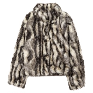 ZA外码出口华贵高级感黑白斑纹人造皮草效果大衣外套4360041 814