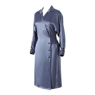 蚕丝甄品 50姆米重磅真丝双面缎v领修身连衣裙 桑蚕丝落肩裹身风