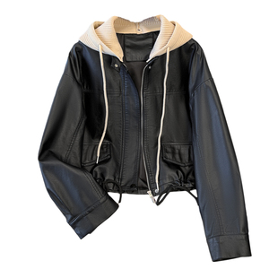 独特漂亮蓝色针织连帽拼接pu皮衣外套女2026春秋季新款短款皮夹克