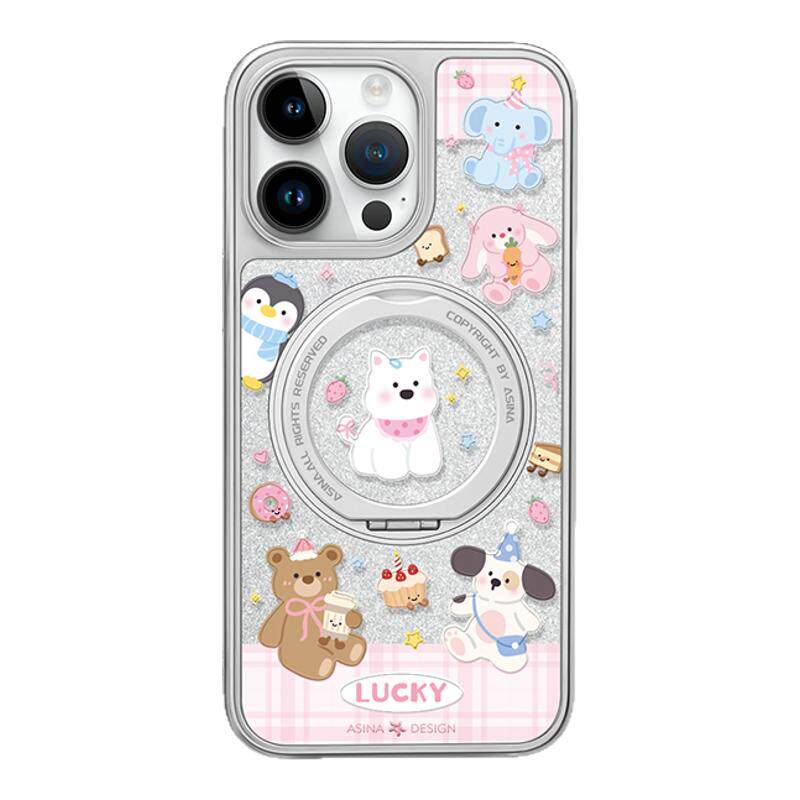 卡通动物派对适用iPhone17Promax手机壳新款苹果16Pro磁吸带支架套Qo1支点好看14网红ip15高级感闪粉13pm全包