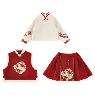 幼悠女童2025冬季新款无袖小兔马甲加绒加厚衬衫古风半裙年服套装