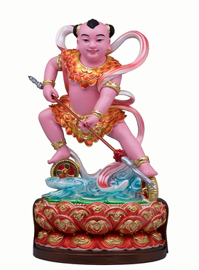 典藏哪吒三太子神像树脂金缕彩站莲花中坛元帅家用供奉摆件中式