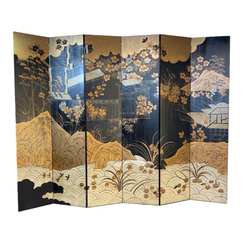 手绘漆画屏风描金隔断玄关折屏折叠实木屏风新中式客厅茶室可定制