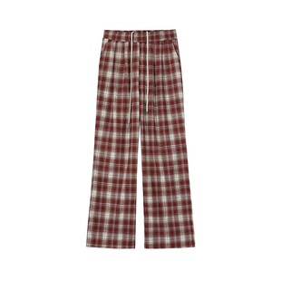 红色格子直筒休闲裤女冬季加绒胖mm大码宽松梨形身材显瘦阔腿裤子