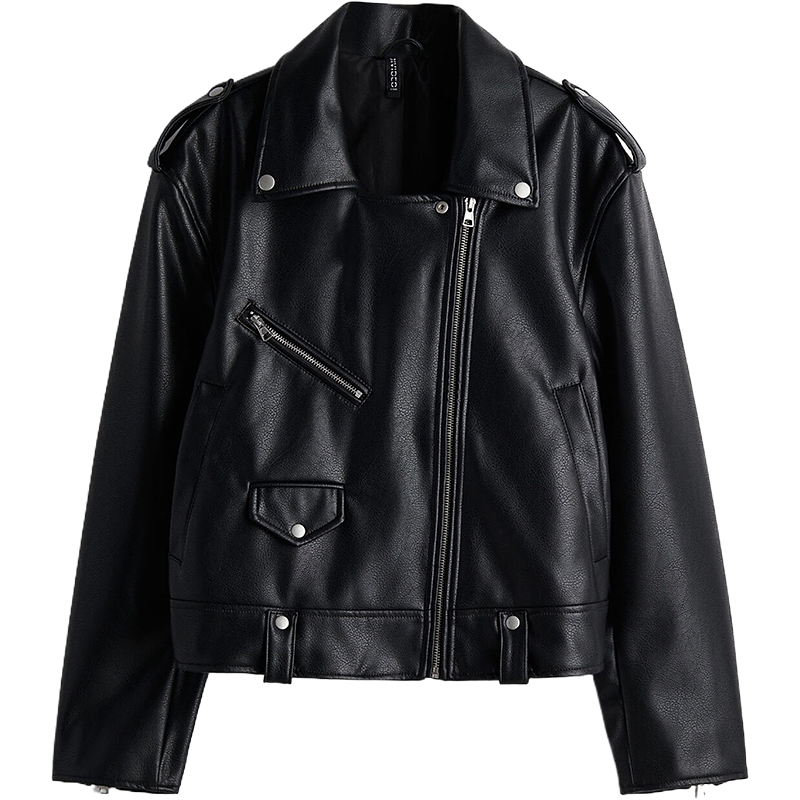 HM女装短外套秋季涂层斜拉链平驳领按扣长袖机车夹克1228445