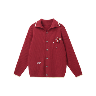 PCMY冬季酒红色开衫立领毛衣外套慵懒风高级感针织新年情侣装衣服