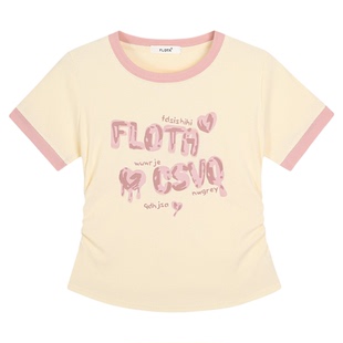 奶油的宇宙 涂鸦字母拼色正肩不露腰短袖T恤女日系甜妹收腰短上衣