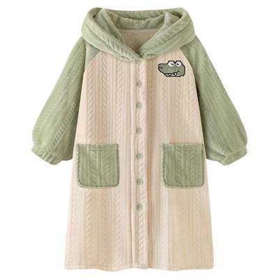 『蜜瓜小鳄鱼』清新可爱加厚睡衣女款秋冬季法兰绒睡袍家居服套装