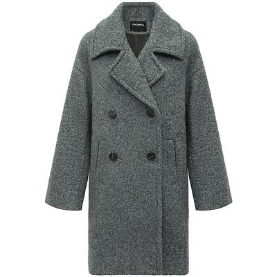 仿水波纹灰色大翻领毛呢大衣