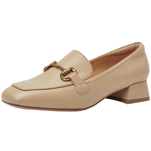 百田森超软羊皮乐福鞋女新款秋冬法式气质单鞋通勤商务高跟深口鞋