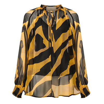 沃格D早春新款时髦黄黑虎纹印花系带V领两件套女宽松雪纺长袖衬衫