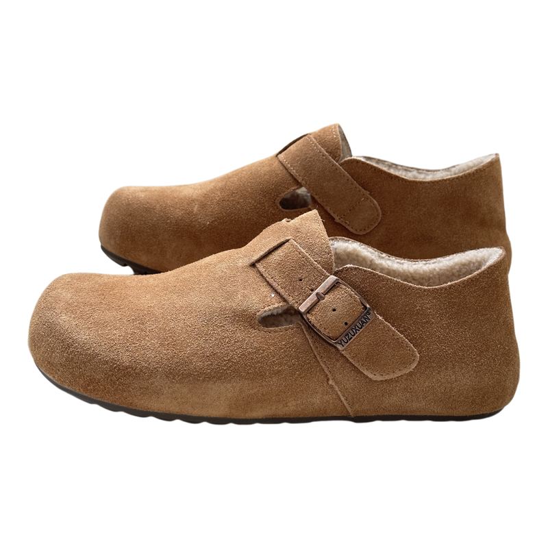 勃肯鞋冬女真皮全包加棉加绒一脚蹬毛毛鞋外穿棉鞋软底加厚懒人鞋