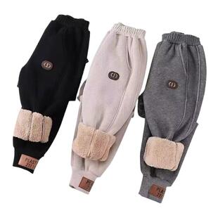 儿童加绒加厚休闲裤秋冬款卫裤女童冬装中大童装男童羊羔绒长裤子