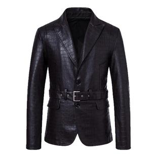 商务腰带款皮衣男西装领2025春秋皮夹克两粒扣提花鳄鱼纹外套宽松