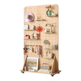 实木洞洞板置物架客厅装饰收纳架实木落地移动展示架直播背景屏风