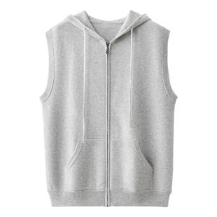 100%纯山羊绒衫男马甲帽衫秋冬针织宽松拉链无袖带帽毛衣开衫外套