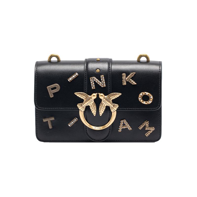 【自营】PINKO 徽章单肩包斜挎包1P22SJY7SP时尚包袋牛皮灰白色