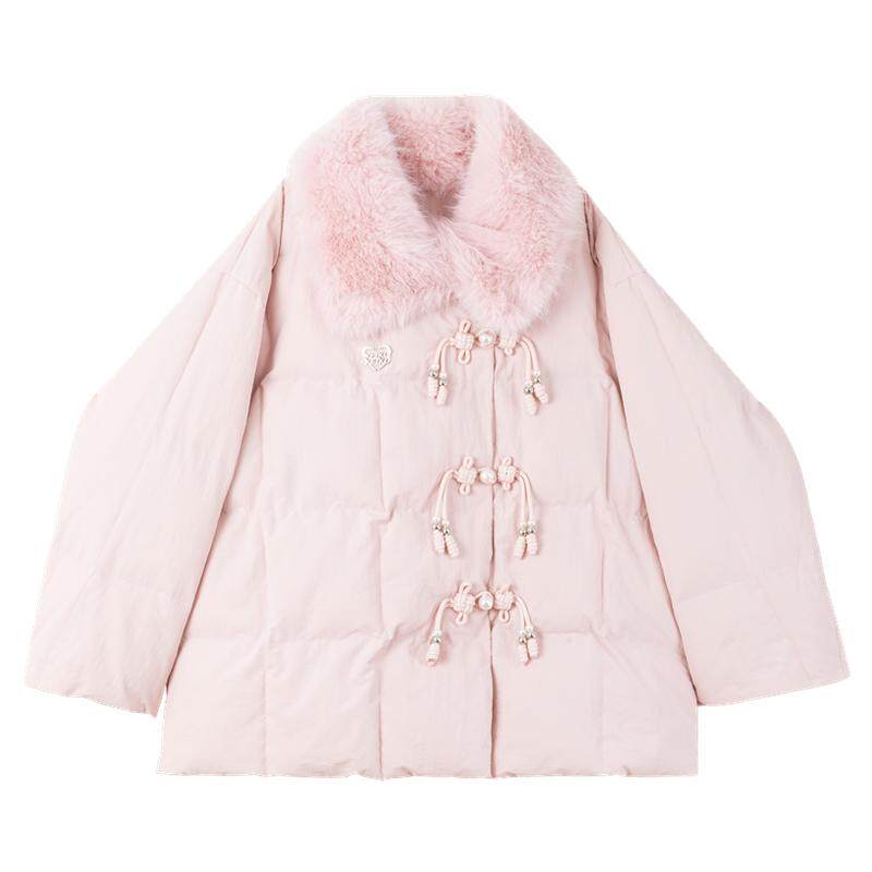 KEIKO柔美粉色毛绒翻领棉服外套