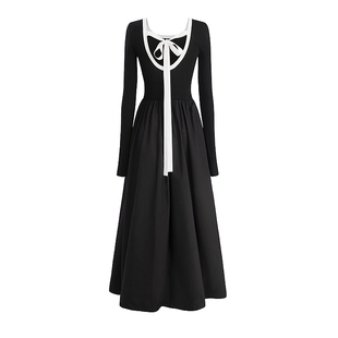 UNIFREEPLUS黑色长袖连衣裙大码女装收腰撞色露背性感蓬松长裙子
