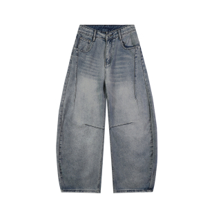 美式复古阔腿弯刀牛仔裤男春秋潮牌拼接休闲裤子垂感宽松潮牌长裤