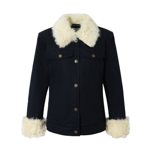 RPB BRAND加绒秋冬小香风毛绒保暖修身短款夹克夹棉毛领外套女