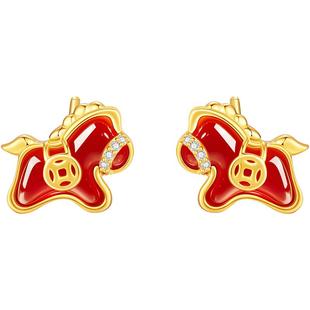 中国黄金珍尚银马年本命年耳钉纯银红玛瑙耳饰生日礼物送女友s925