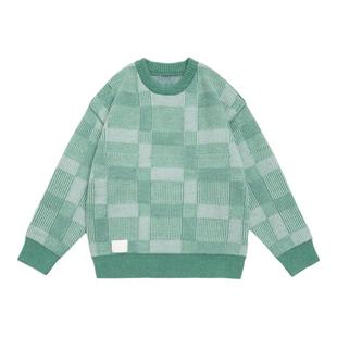 TIRED国潮渐变格子圆领毛衣男女秋冬季新款宽松针织衫情侣线衣潮