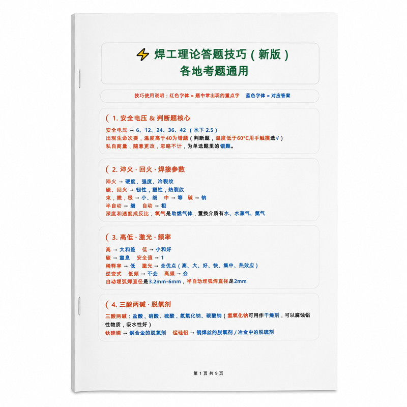 （必考）2026新版焊工理论考试答题技巧口诀笔记本（初考/换证）