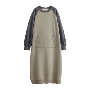 花吉Q559灰绿色懒人穿搭加绒拼色卫衣裙女2025新款秋冬卫衣连衣裙